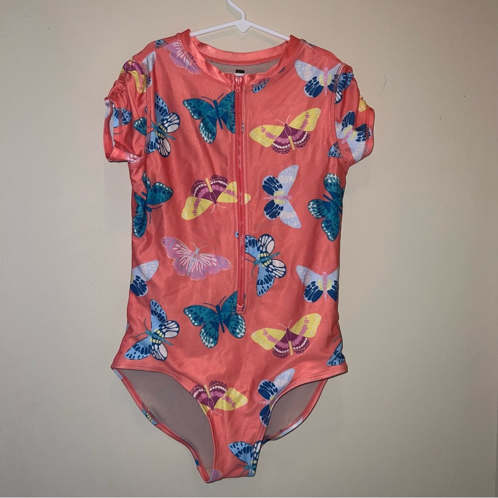 Tea Collection Coral Butterfly Zip-Front Girls One-Piece Rashguard Swimsuit